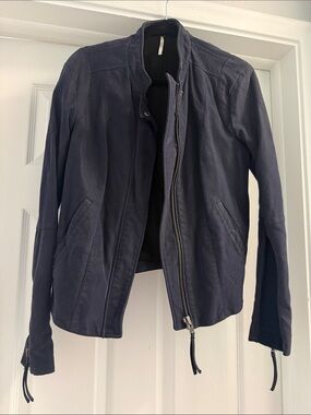Free People Navy Leather Zip Moto Jacket